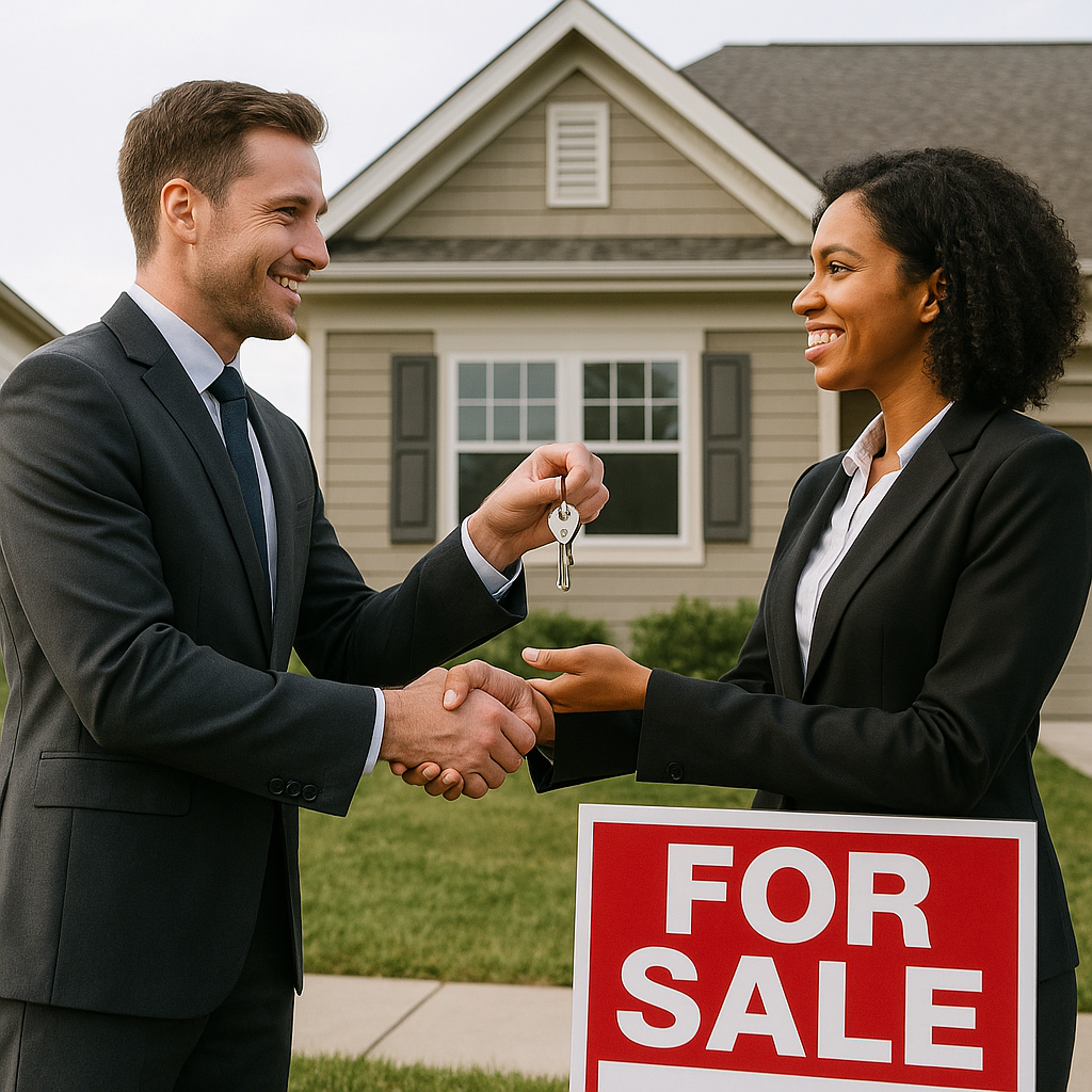 2 business people wearing suits standing in front of a house that is for sale shaking hands and exchanging keys-1